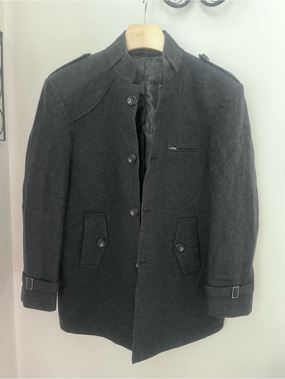 Men's Black Wool-Blend Military Peacoat